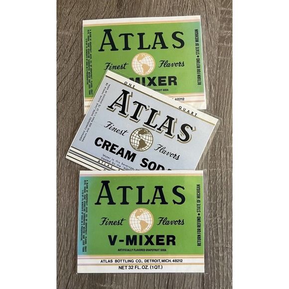 Atlas Bottling V-Mixer & Cream Soda Pop Old Soda Bottle Labels Detroit Michigan - Picture 1 of 3